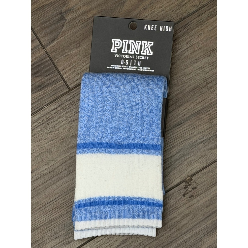 Pink Victoria's Secret Knee High Socks Blue White Striped Marl One Size NEW